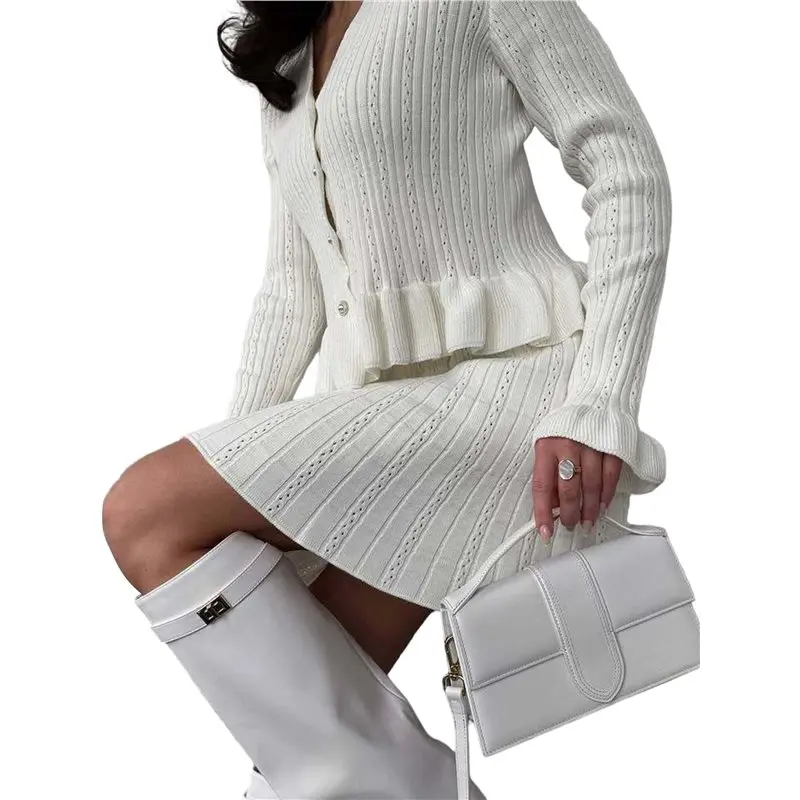 CYL-Women's Two-Piece Knit Set Long Sleeve V-Neck Sweater With Ruffle Hem Mini Skirt Loungewear