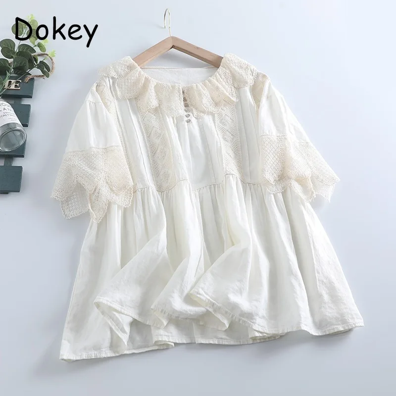 Vintage Lace Ruffled Cotton Linen Shirt Women Summer Sweet Mori Girl Kawaii Short Sleeve Top Japan Style Casual Loose Doll Shirt