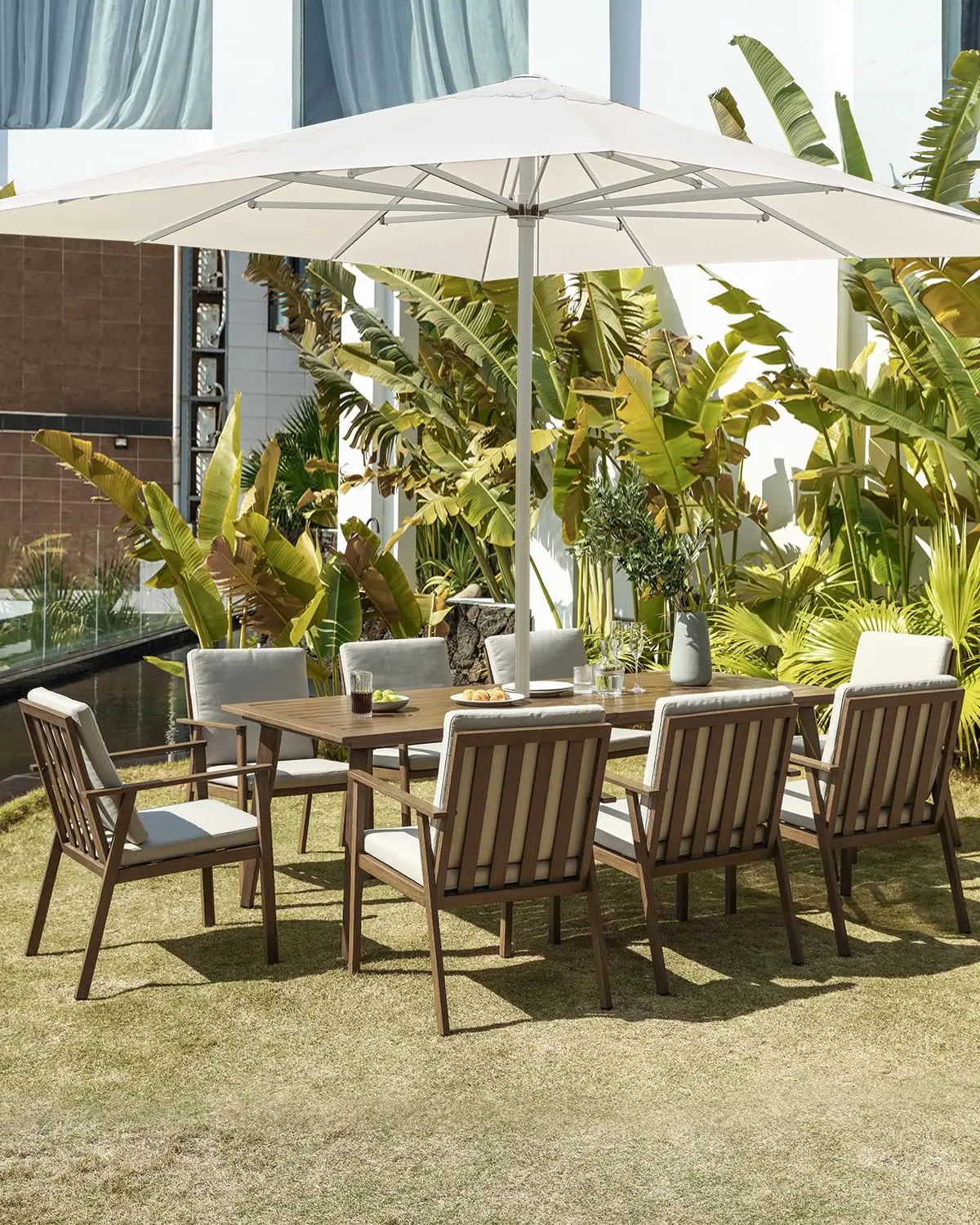 9 Pieces Aluminum Patio Dining Set For 8 With Teak Tabletop, Customized