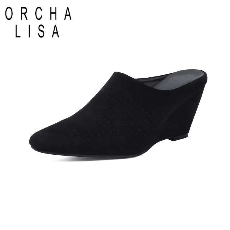

ORCHA LISA Apricot Women Pumps Pointed Toe 9cm Wedges Heel Slip On Mules Shoes Flock Suede Soft Daily Footwear Big Size 41 42 43