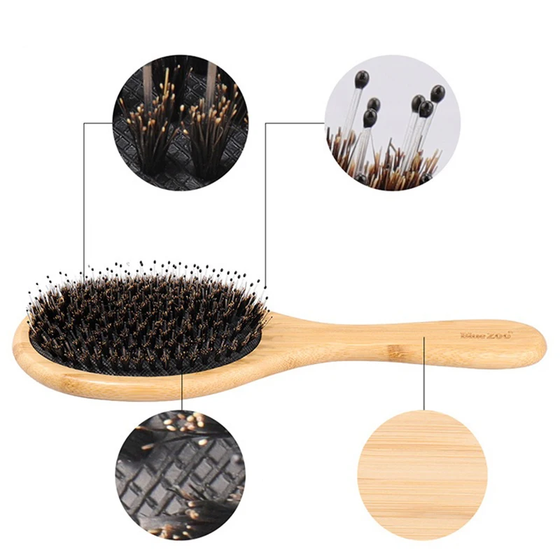 Natural Boar Bristle Hairbrush Massage Comb Anti-static Hair Scalp Paddle Brush Beech Wooden Handle Hair Brush Comb Styling Tool