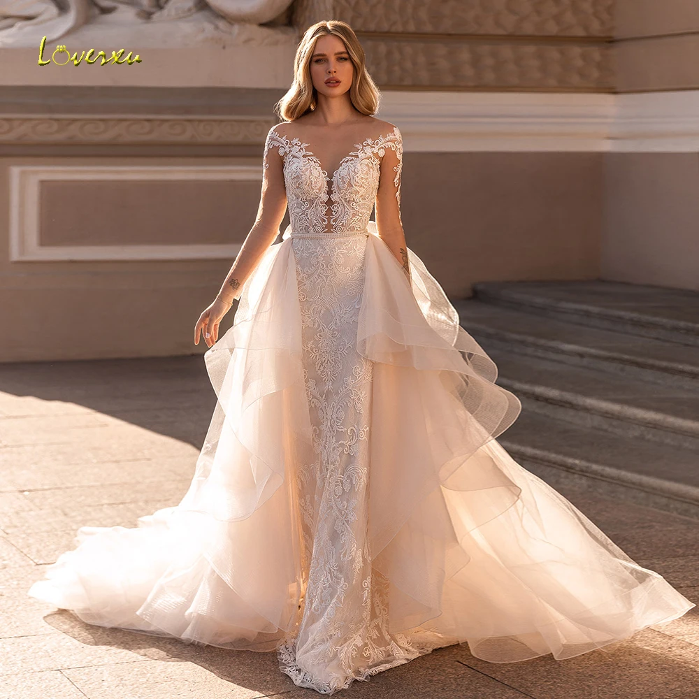 Loverxu Mermaid Wedding Dresses 2024 Sweetheart Long Sleeve Vestido De Novia Appliques Detachable Train Ruffles Robe De Mariee