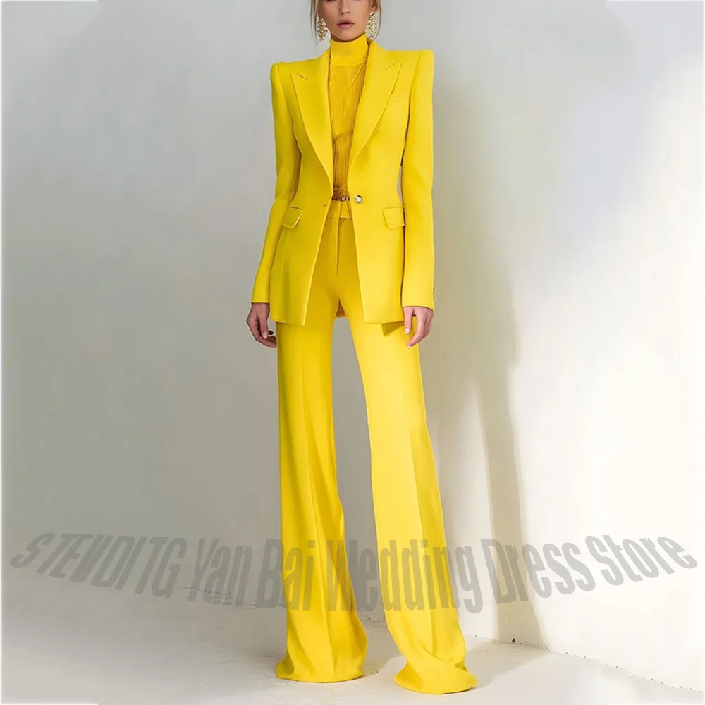Women Pant Suit 2 Piece Set Office Female Business Work Formal Jacket Trouser One Button Chic Yellow Peaked Lapel Elegant Suit