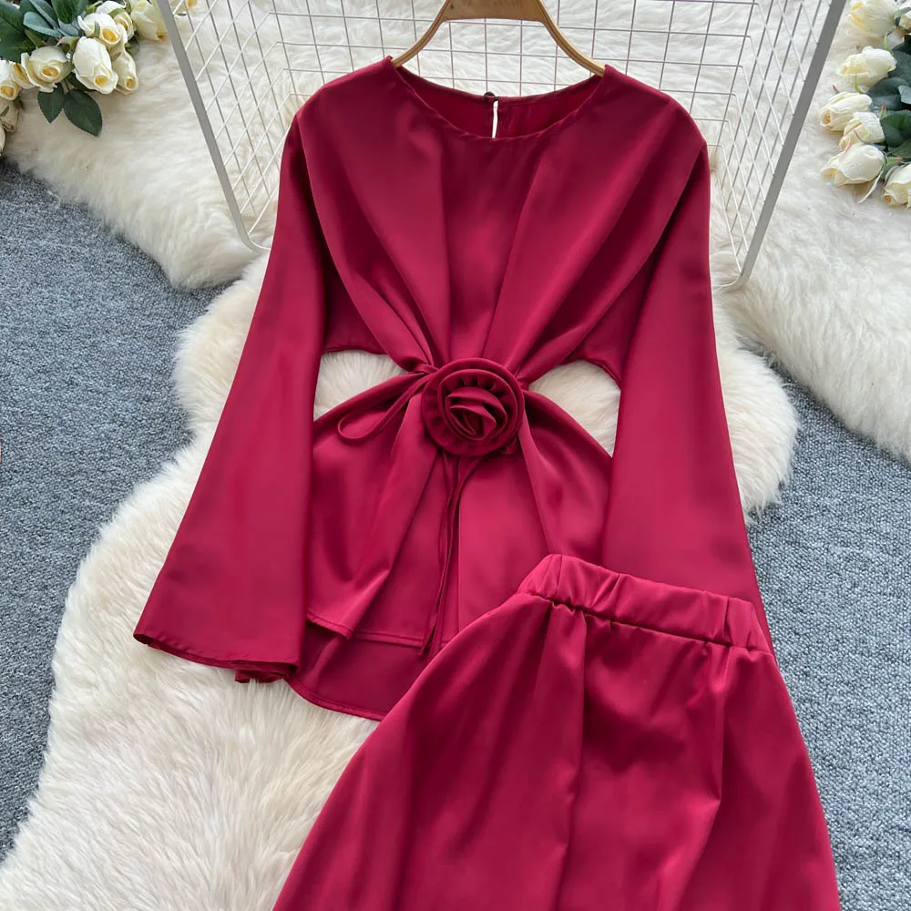 Женские комплекты из двух предметов Юбка Комплект с круглым вырезом и длинными рукавами Топы Длинные юбки A Line Высокая талия Y2k Уличная одежда Элегантная работа Осень