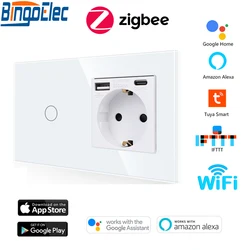 Bingoelec ZigBee Touch Switches 1/2/3Gang with EU FR Standard USB Wall Socket Smart Light Switch Google Alexa App Control