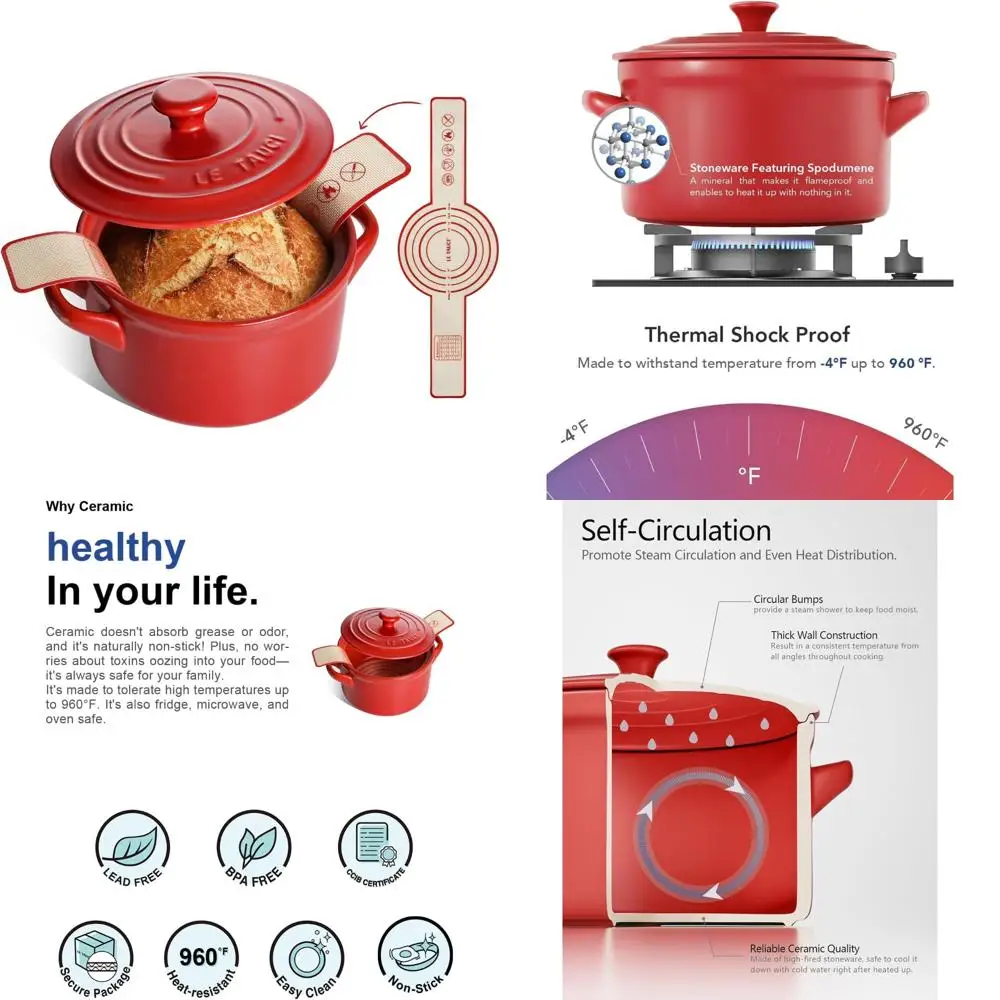 

Керамическая голландская духовка для выпечки хлеба — 3-литровая, легкая, нетоксичная, приправа не требуется — безопасная для духовки и микроволновой печи с силиконом