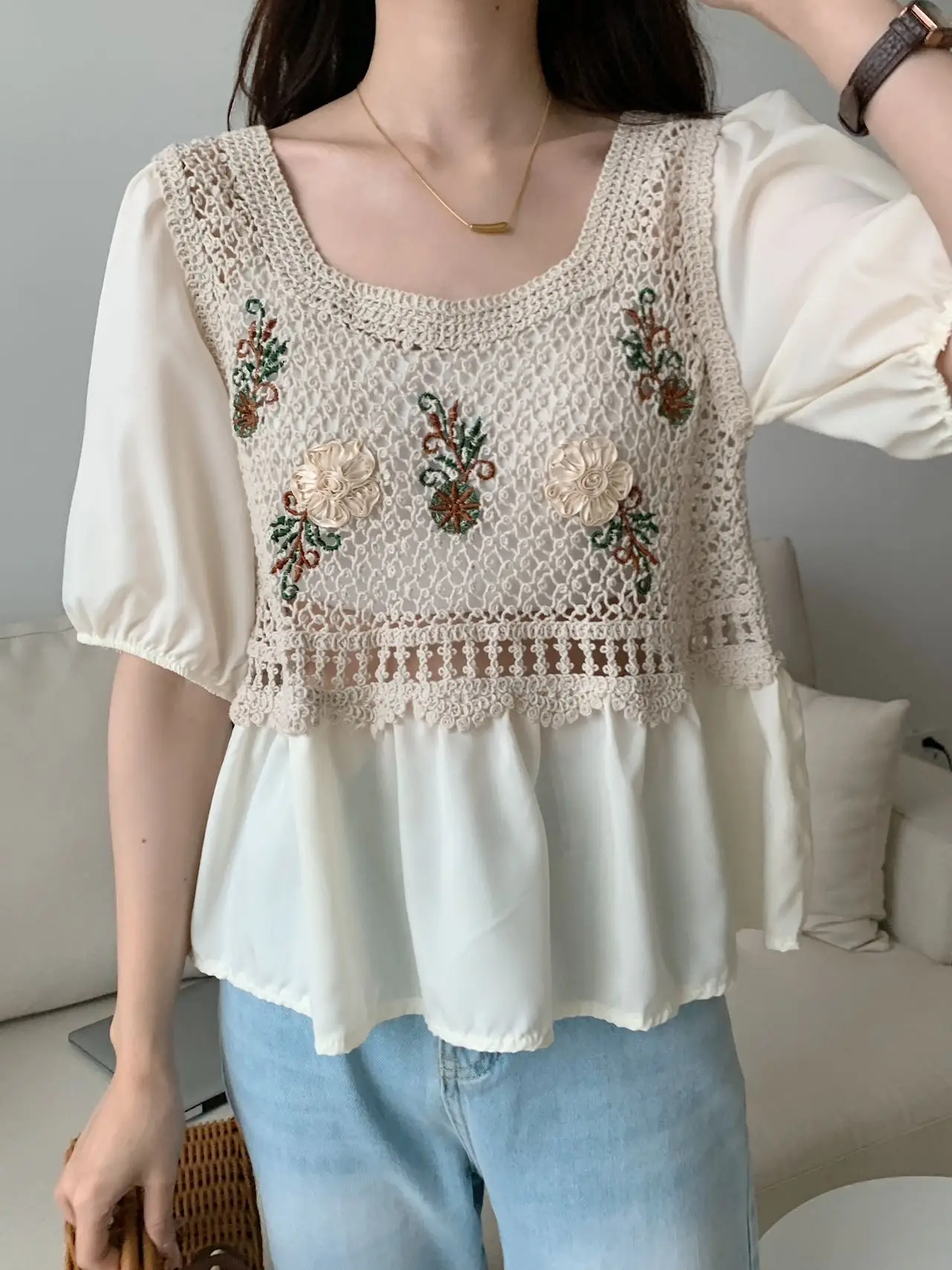 Women Blouse Embroidery Floral Crochet Top Puff Sleeve Square Neck Babydoll Top Summer Women Teen-girl Fairycore Outfit