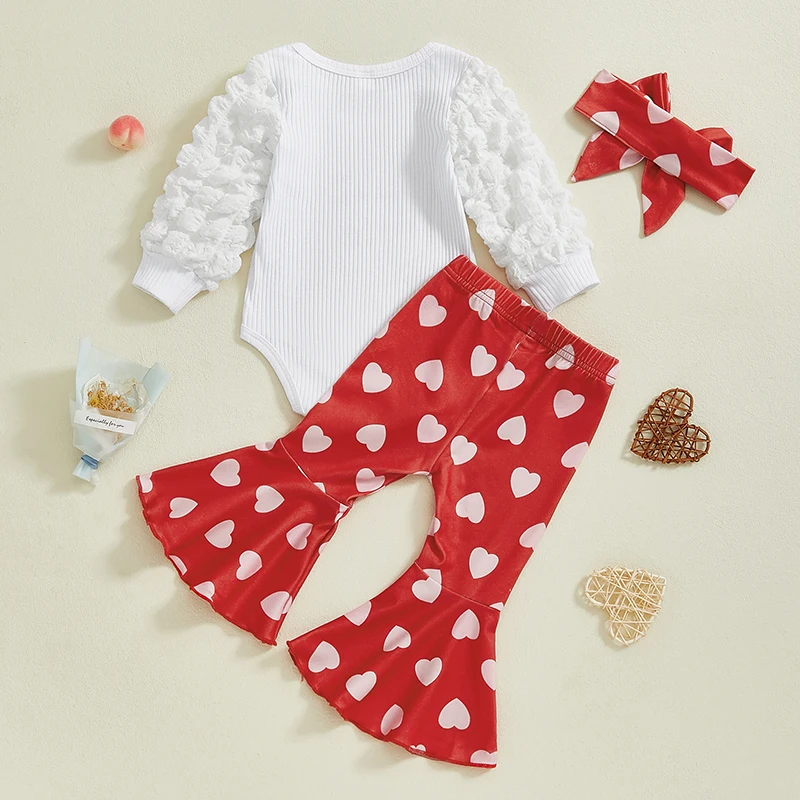 Suefunskry Baby Girls Valentine’s Day Outfits Puff Sleeve Letter Print Romper + Elastic Waist Pants + Hat Set Infant Clothes