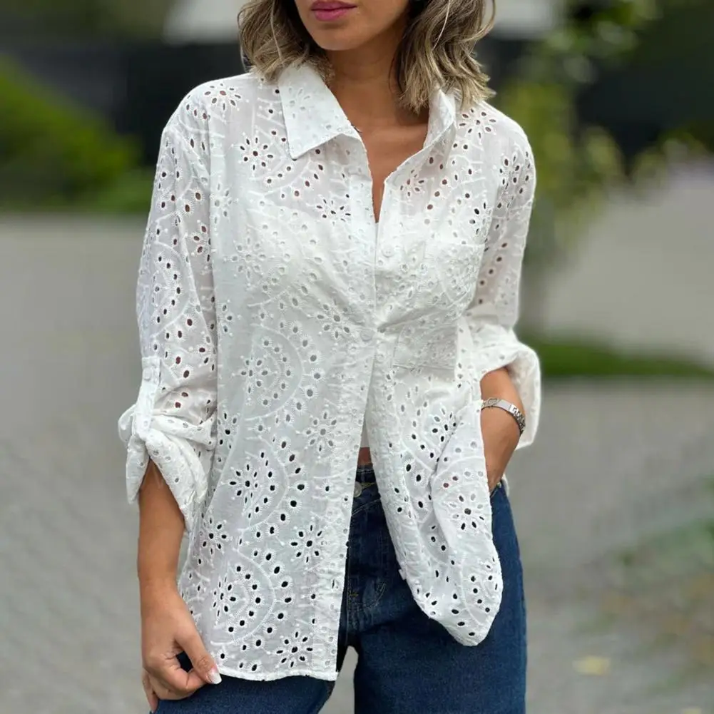 Lapel Top Elegant Hollow Embroidery Flower Shirt Tops for Women Lapel Long Sleeve Streetwear Single Breasted Solid Color Spring