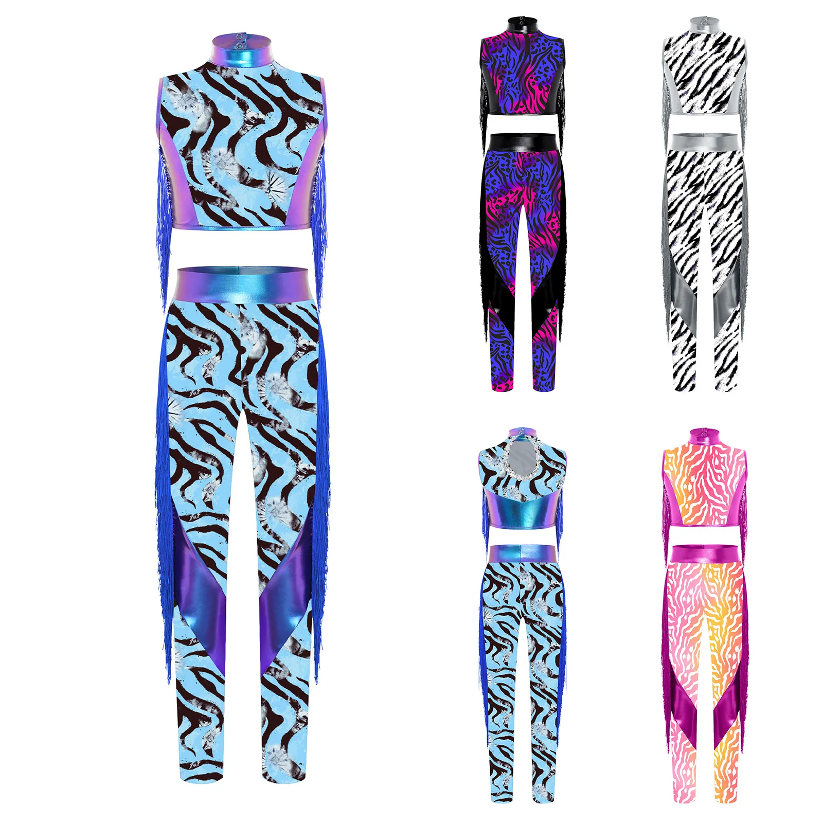 キッズ ガールズ シャイニー メタリック ジャズ ヒップホップ ダンス コスチューム タッセル 衣装 ノースリーブ クロップトップ パンツ付き パフォーマンス スポーツ ヨガ用