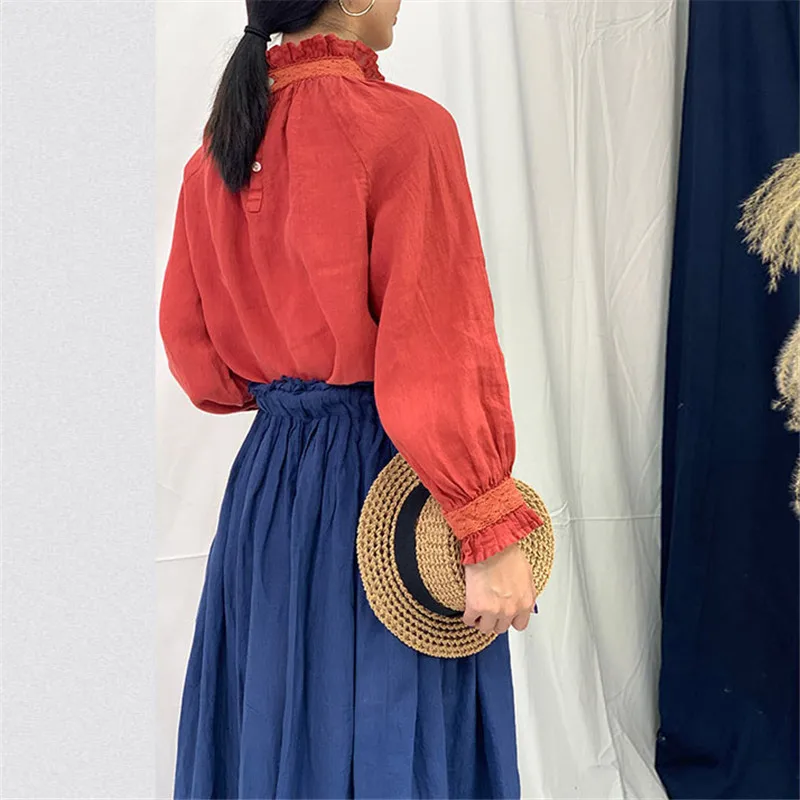 Johnature Autumn New Linen Loose Ruffles Collar Women Shirts 2024 Vintage Solid Color Full Sleeve Button Female Blouses