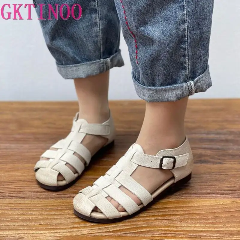 GKTINOO 2024 New Cowhide Flat Sandals Retro Nostalgic Leather Woven Women Shoes Healthy and Breathable In Summer