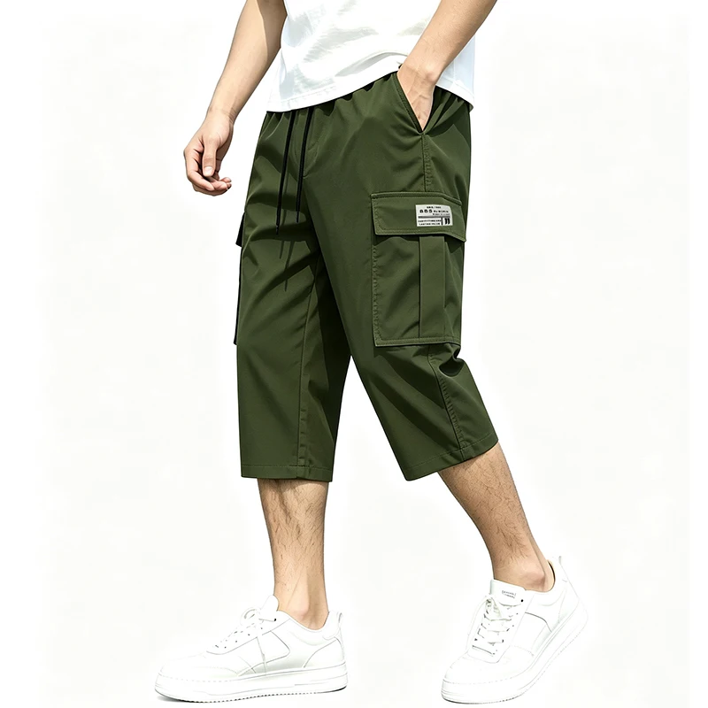 Men New Cargo Capri Pants Loose Fit Elastic Drawstring Waist Multi Pocket Outdoor Walking Holiday Summer Casual 7/8 Trousers