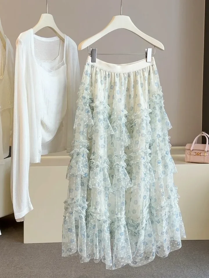 New Women Floral Lace Patchwork Pleated Skirt 2026 Summer High-waisted Slimming A-line Sweet Fashion Cake Skirt