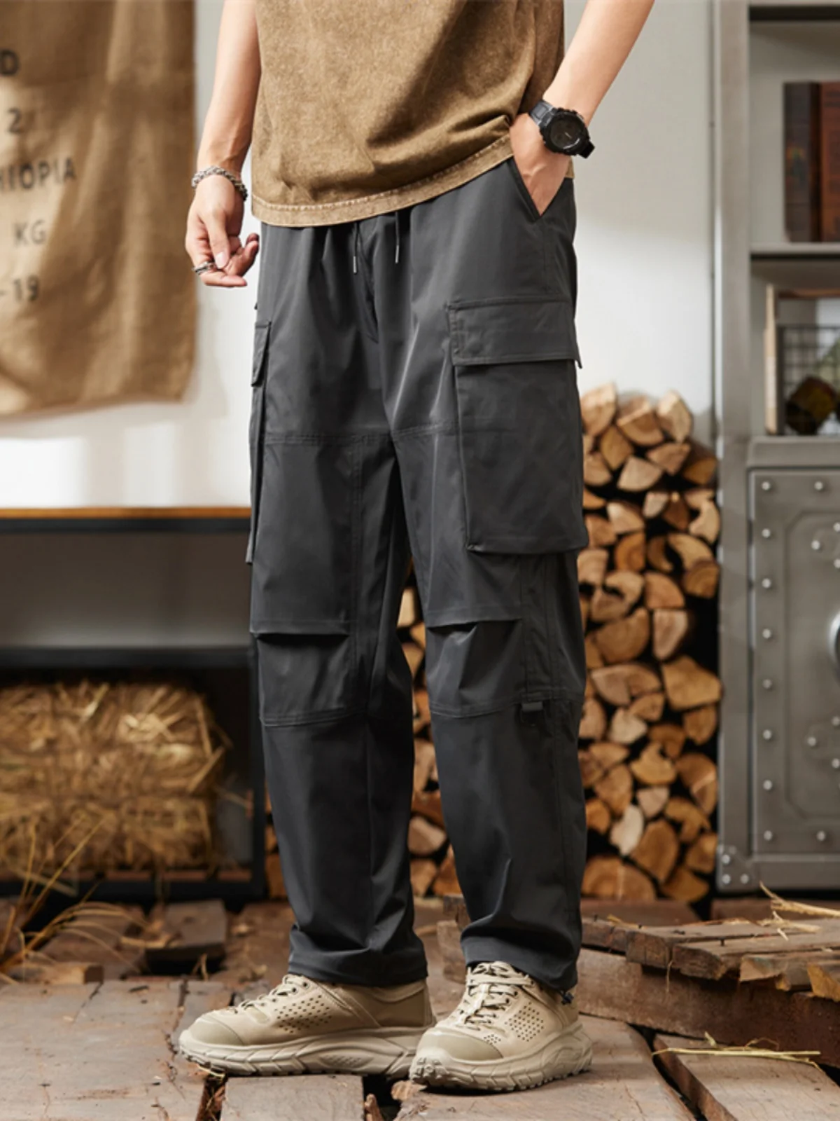 

Spring Summer Men's Outdoor Casual Sports Workwear Straight Leg Pants Trendy Pocket Design Straight Cut Long Trousers