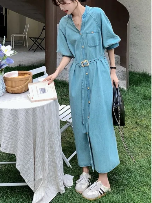 Retro Hong Kong Sle Light Wa Denim Dr Women's Summer 2025 New Waist-Cinching Slimming High-End Feeling irt Long Dr
