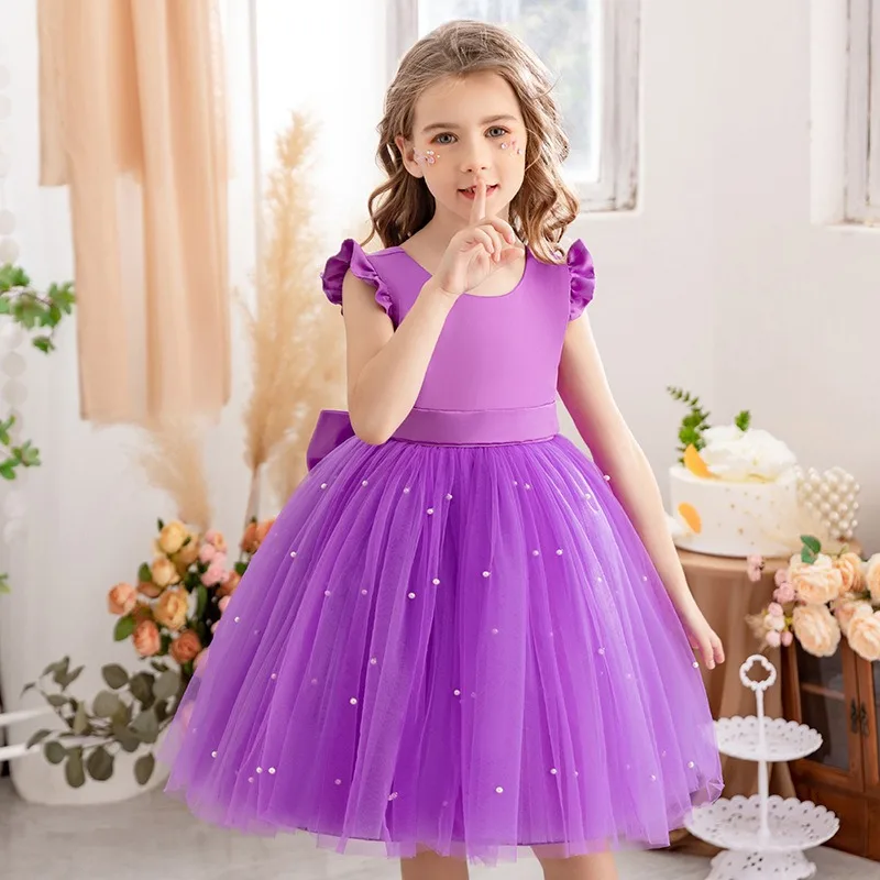 

Child Clothes OGF244440 2-12 Years Old Pearls Bow Puffy Navy Blue Girl's Dress Party Purple Kid Vestidos 2 4 6 8 10 12 Years Old
