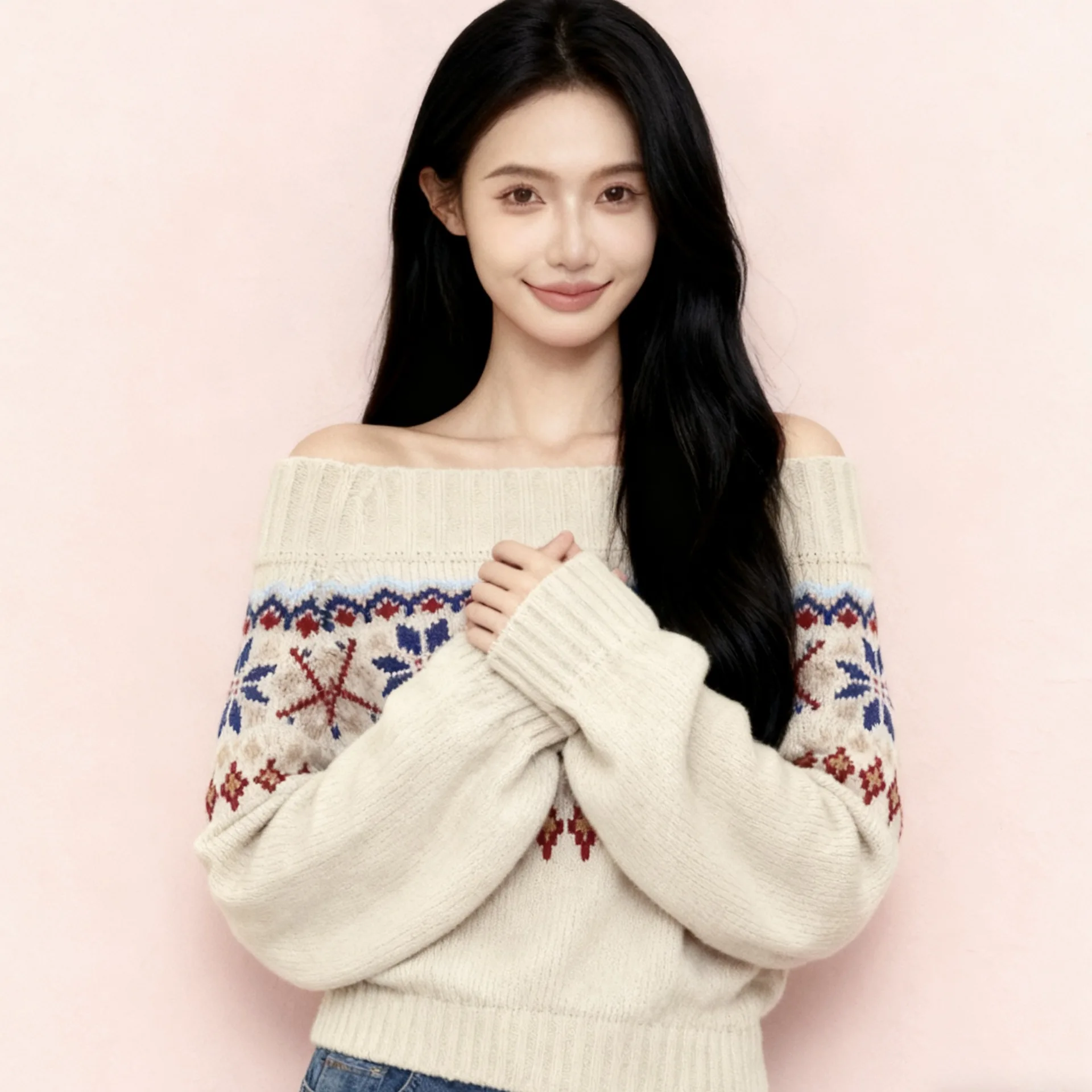 

Vintage Contrasting Colors Jacquard Fair Island Sweater Women's Clothing Autumn Loose One-word Shoulder Knitted Sweater Jacket
