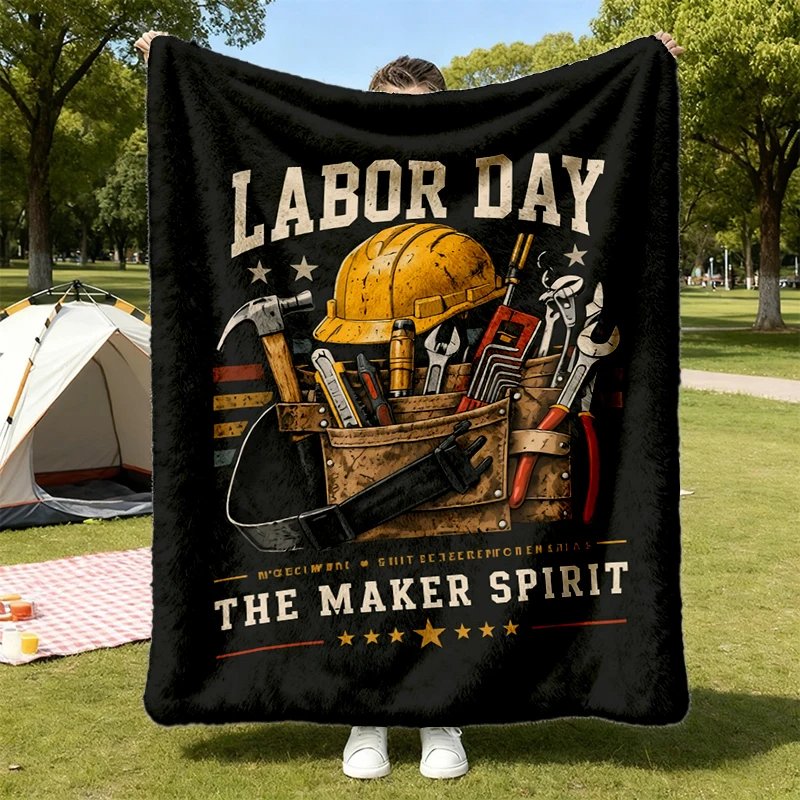 Labor Day The Maker Spirit Vintage Washed T, Flannel Blanket, Retro Tool Belt Hard Hat Graphic Flannel Throw