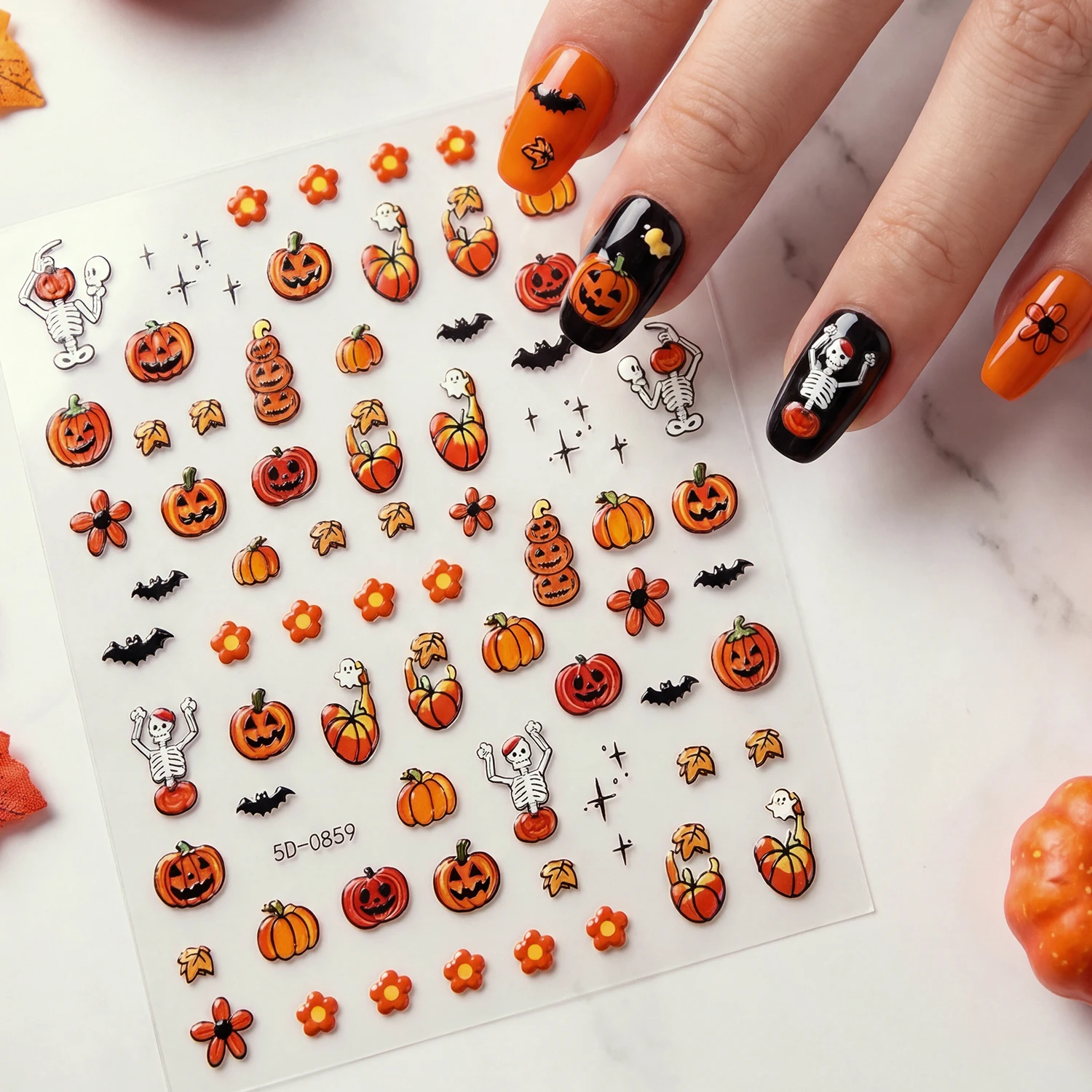 1 Stück 5D Niedliche Kürbis-Nagel-Halloween-Aufkleber Skelett/Fledermaus/Geist/Blume Nagelsticker Selbstklebende Halloween-Kürbis-Nageldekoration R3 – Detail 2
