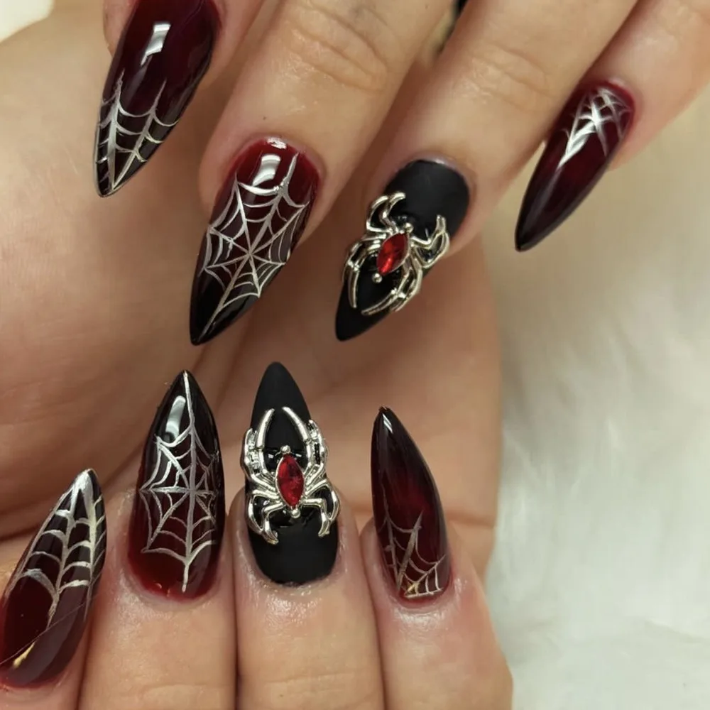 

Hot Sale Halloween Nails Dark Black Series Black and Red Gradient Spider Web Inlaid Metal Spider Detachable Nail Art Patch