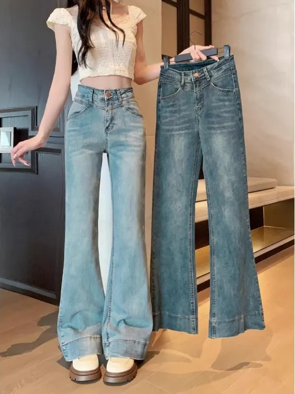 

American Retro High Waist Bell Bot Jeans Women's Spring Autumn New Straight Leg Floor Length Denim Pants Slimming Effect