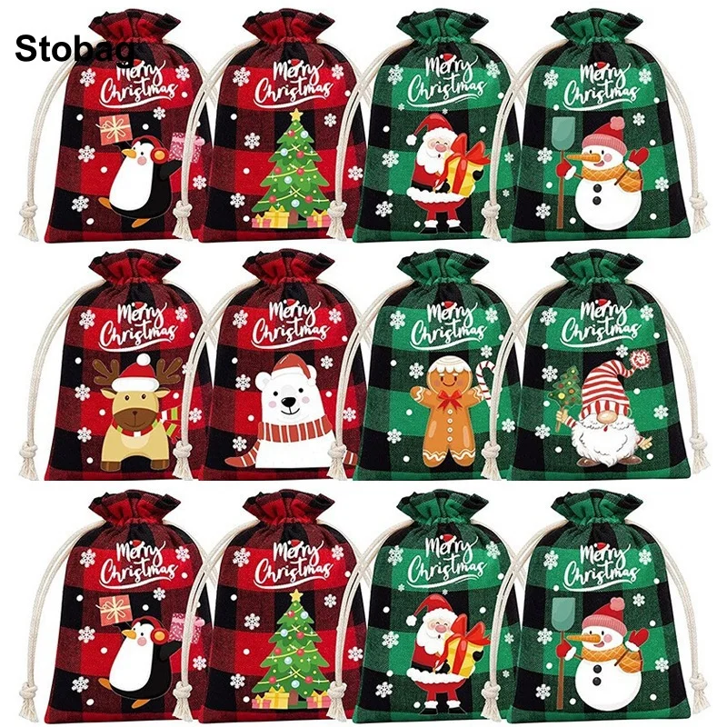 

StoBag 8/12pcs One Set Merry Christmas Linen Bag Drawstring Small Gift Storage Packaging Bundle Pocket Kids Child Pouch Party