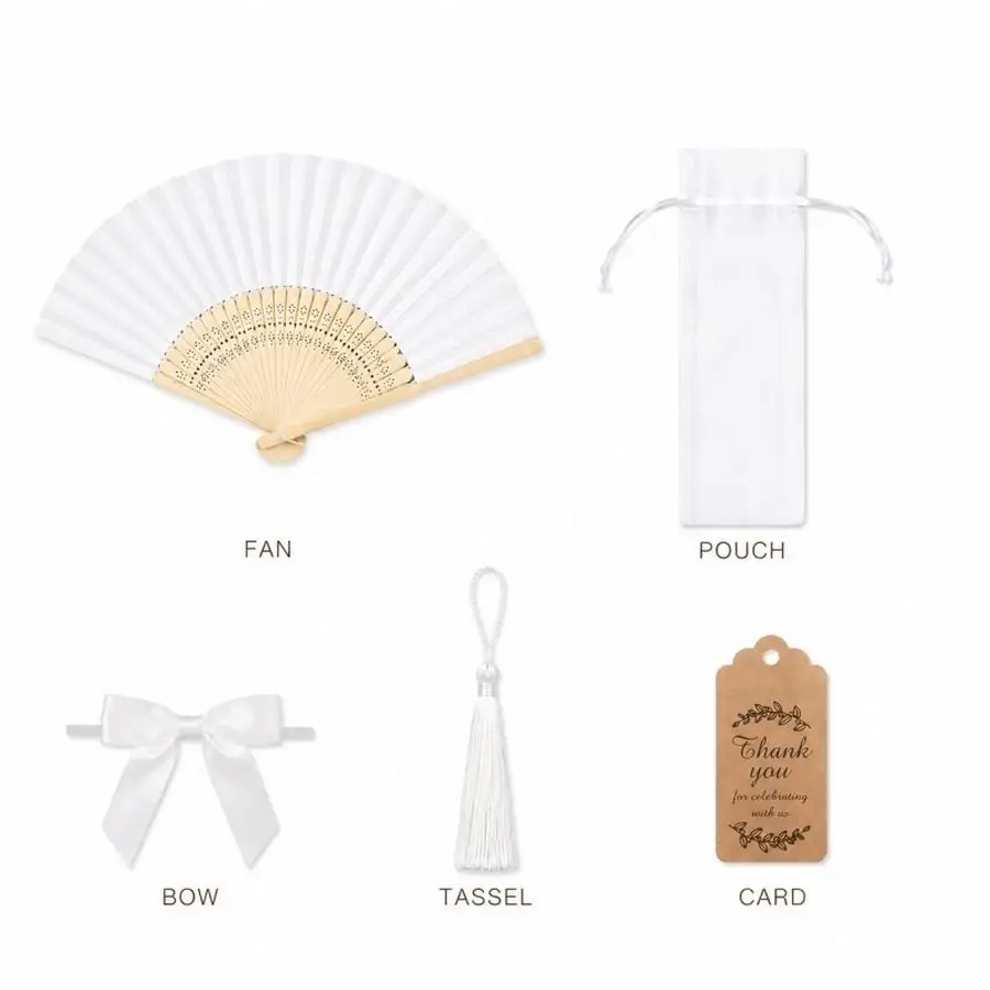 1/5/10/20/50/100pcs Pack of 25 Foldable Women's Hand Fans with Organza Bags, Ribbons, and Tassels - Elegant Wedding Favors Suita