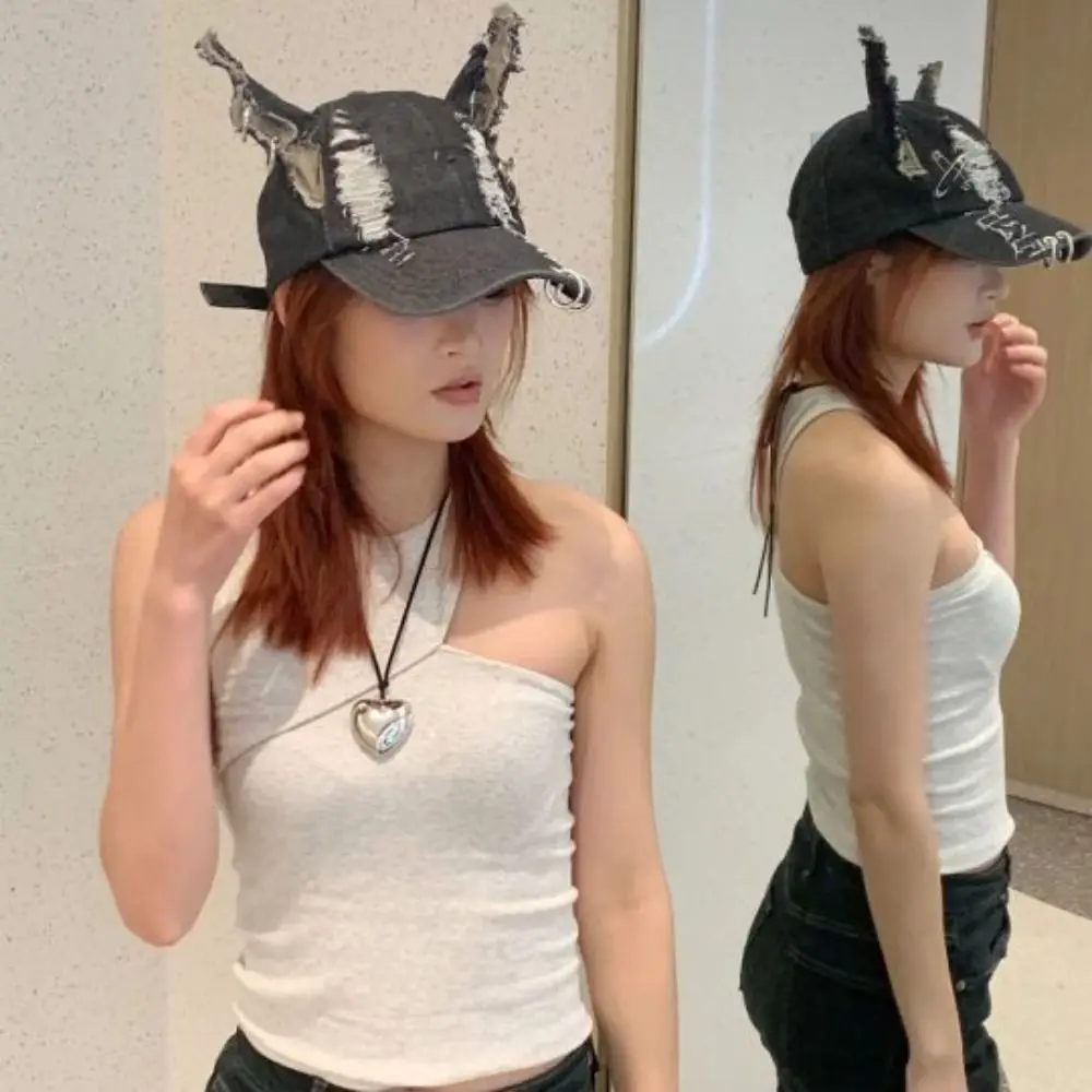 Immagine 7: Accessori di abbigliamento Berretto da baseball in denim strappato di coniglio Catene di cotone Y2K Cappello con orecchie Doberman Cucciolo retrò Orecchie da coniglio Berretto snapback da uomo