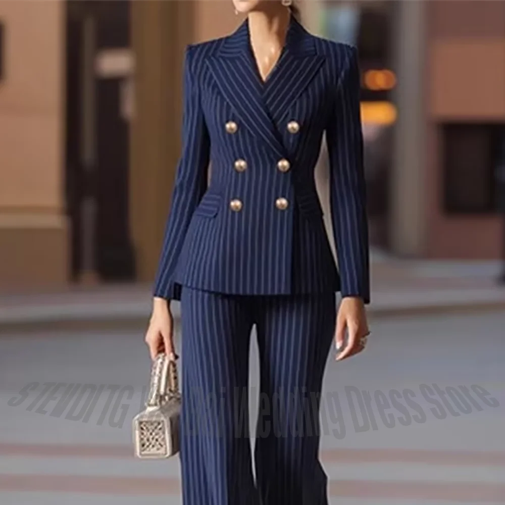 

Navy Blue Women Suit Fashion Autumn Winter Ladies Pant Suit Striped Female Business Casual Work Wear Jacket Blazer Pants