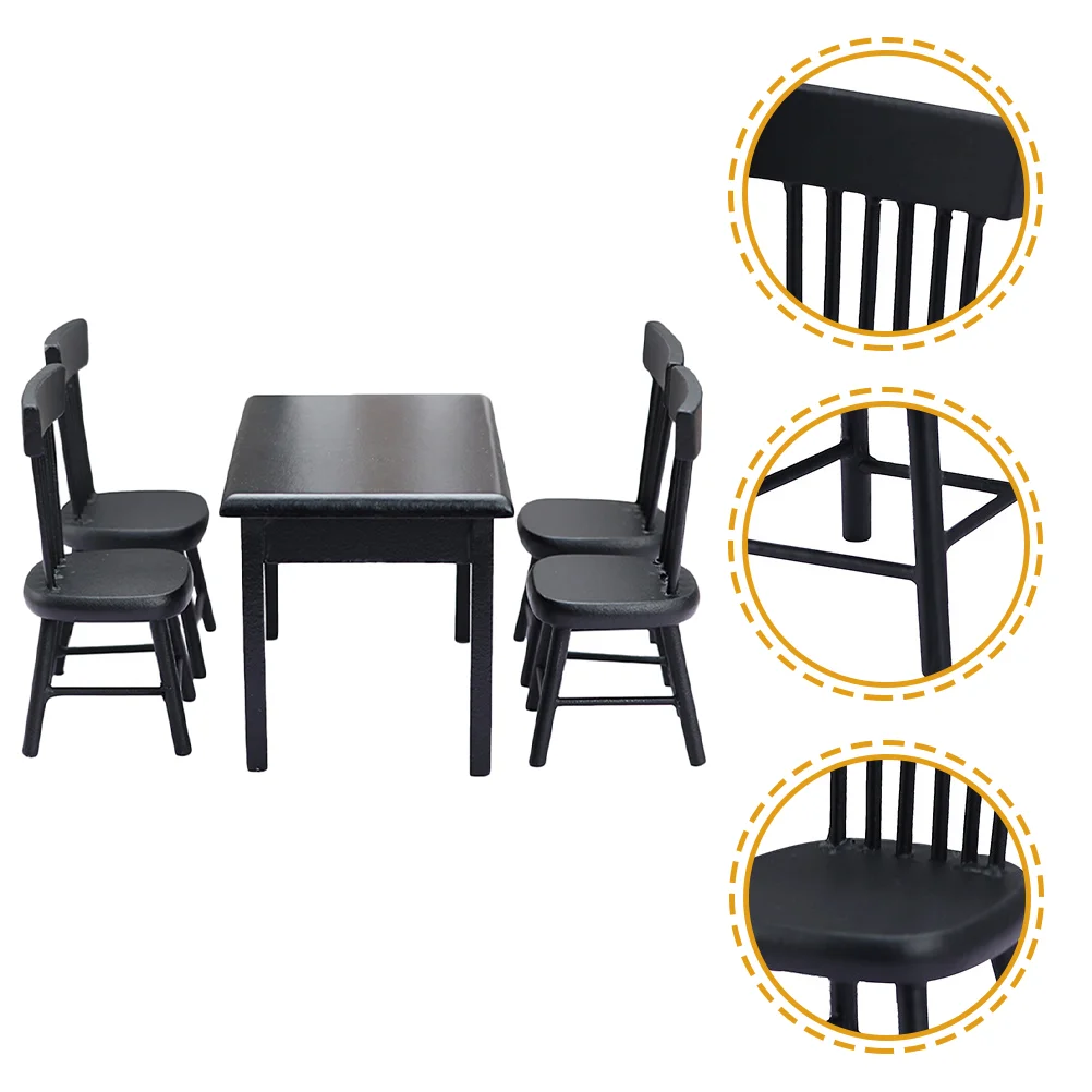 5 Pcs Miniatures Dining Table Chair for Tables Suite Garden Decor Micro Scene Dollhouse Black & Chairs Model