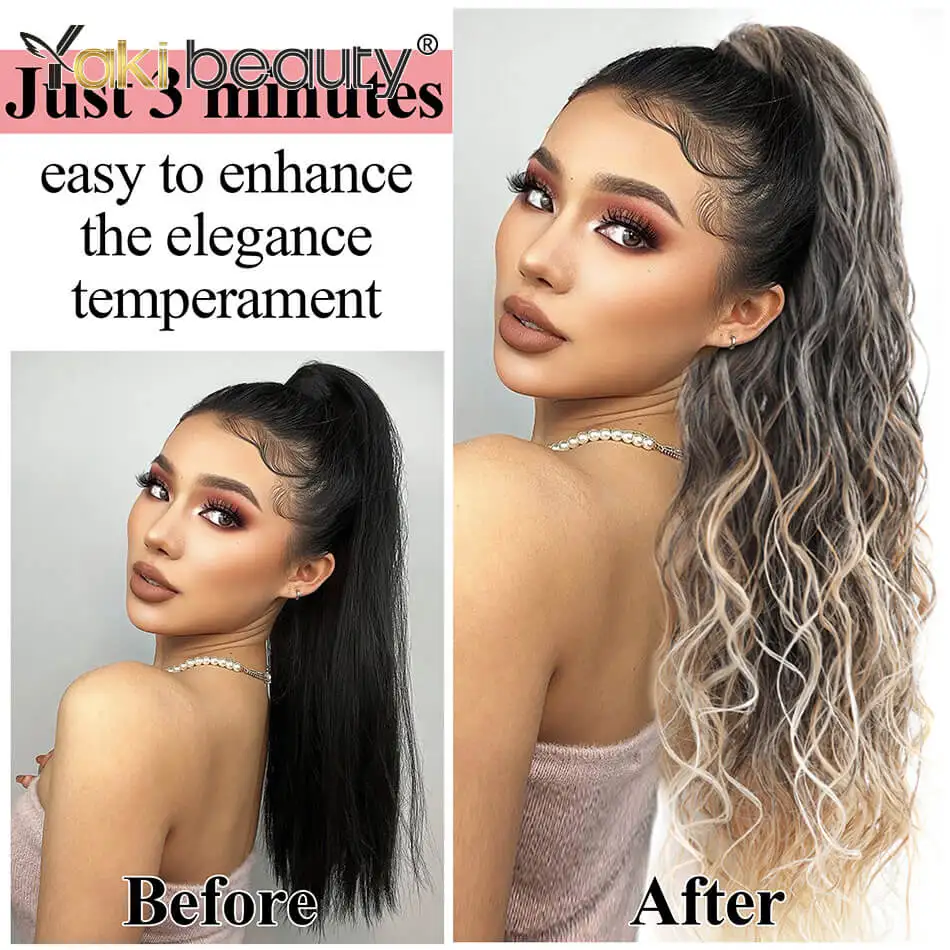 26inch Synthetic Long Wavy Drawstring Ponytail Extainson Clip in Hair Extensions Curly Natural Hair Fake Weave Ponytails Ombre