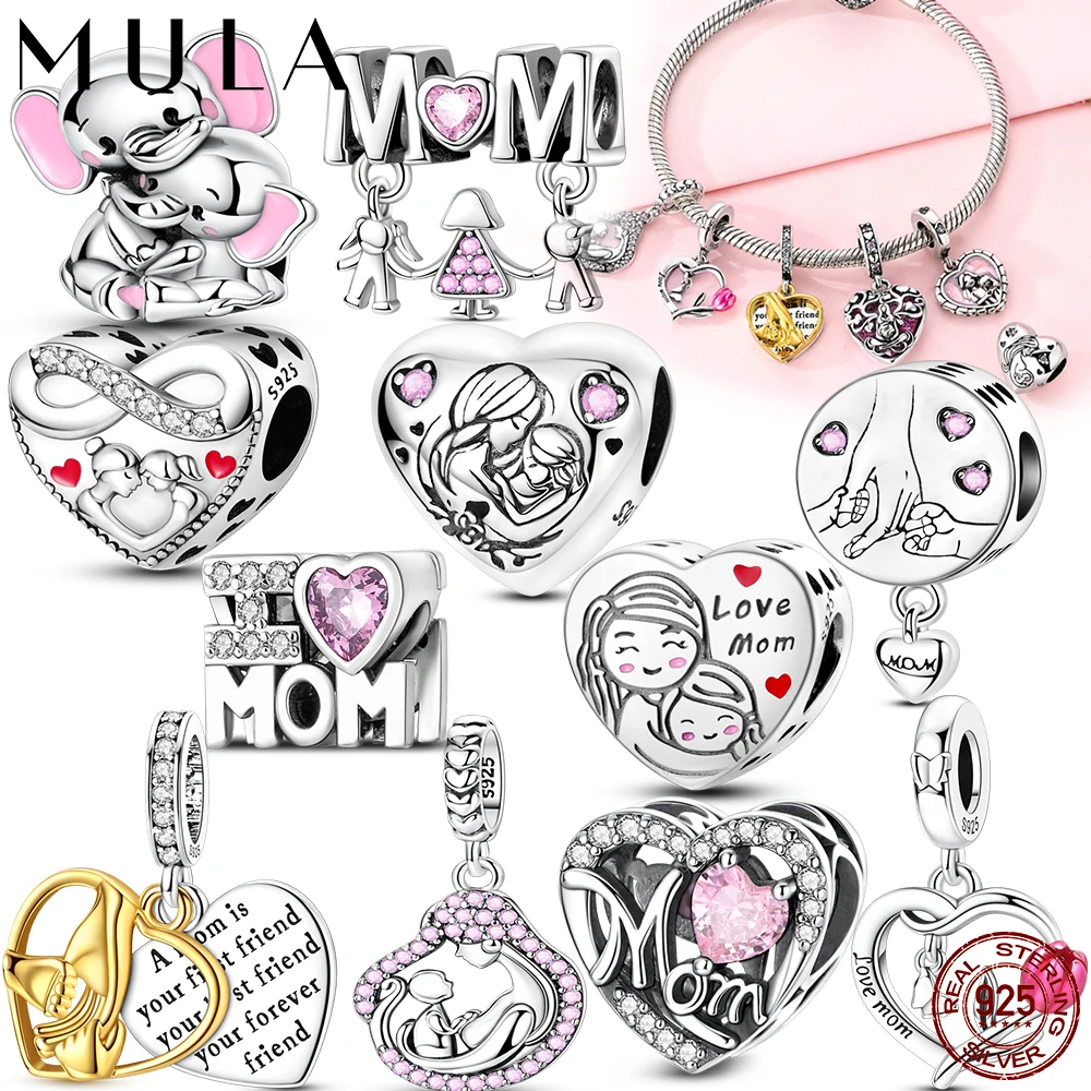 

Mother's Day 925 Sterling Silver Charms Beads Love Mom Heart Charms Dangle for Bracelet Woman Jewelry Gifts