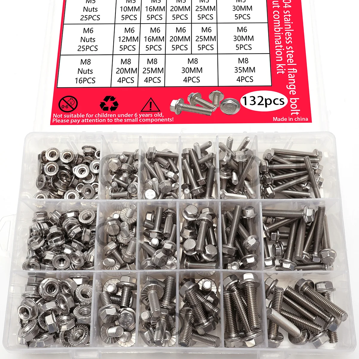 132-teiliges Sechskant-Flanschschrauben- und Muttern-Set aus Edelstahl, M5, M6, M8-Flanschschrauben und -muttern, Flanschplatte, für DIY-Projekte. – Detail 4