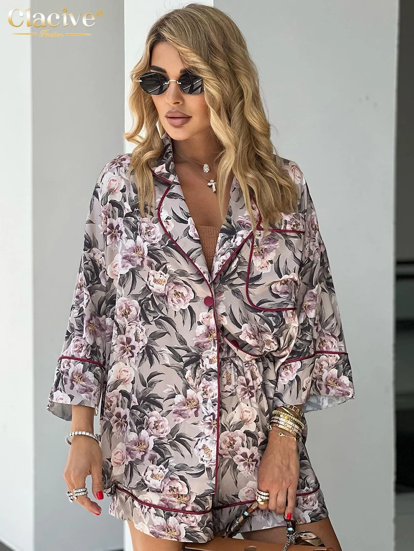 

Clacive Fashion Loose Print 2 Piece Set Women Outfit 2024 Elegant Long Sleeve Shirt With High Waist Shorts Set Female Streetwear