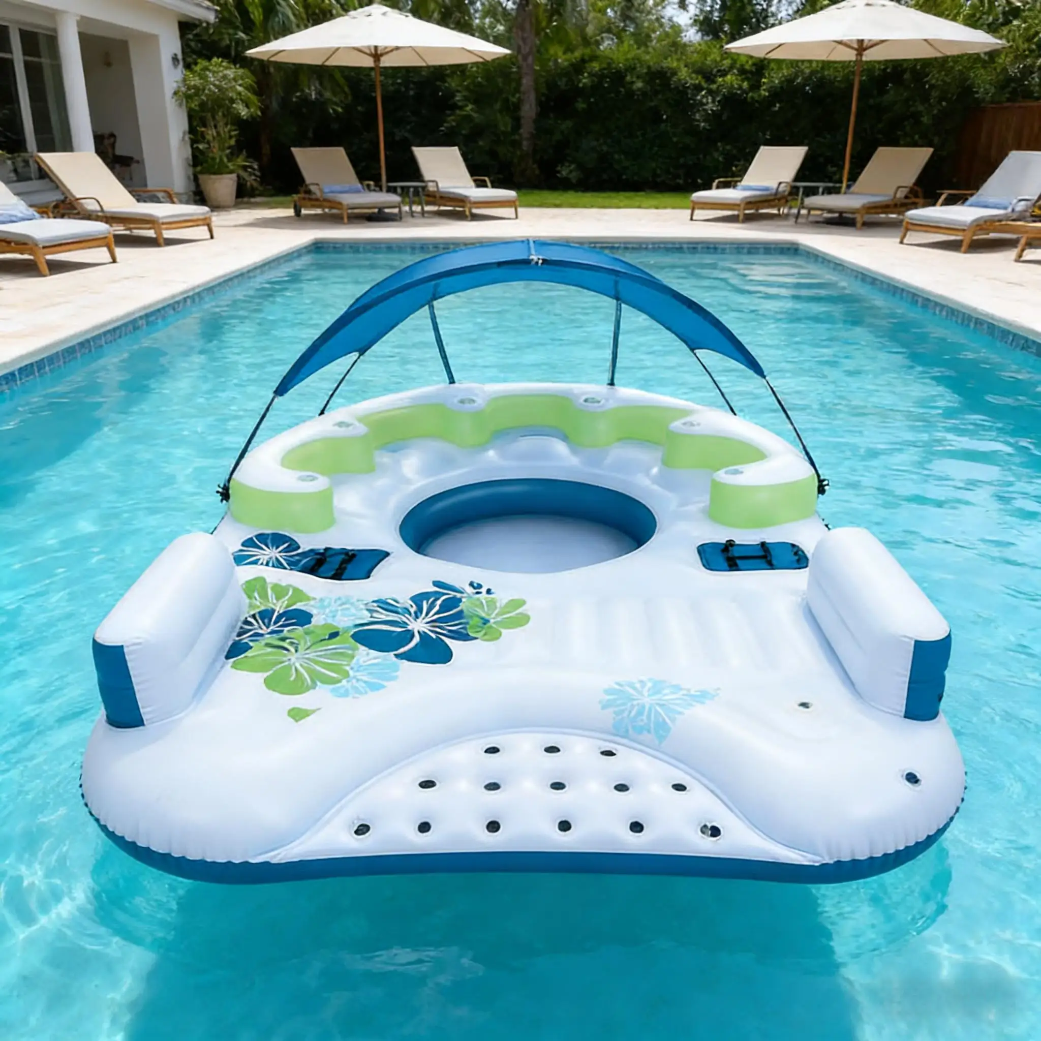 Commercial Grade PVC 5 Person Inflatable Floating Island with Canopy Custom Logo 100-500kg Capacity for Pool