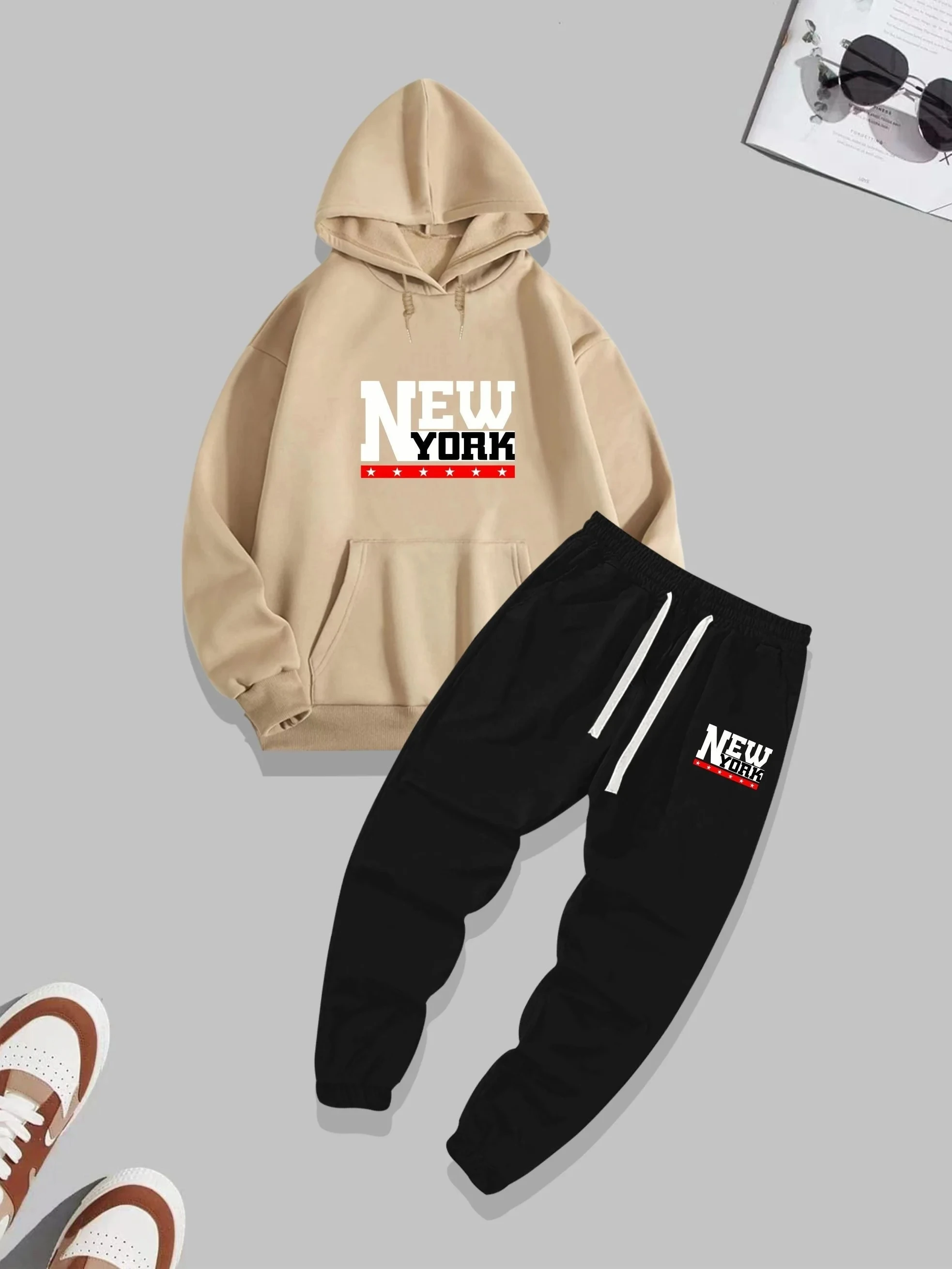 الرجال الخريف/الشتاء عارضة الدافئة نيويورك إلكتروني نمط مطبوعة فضفاضة سميكة المخملية هوديي + السراويل الرياضية مجموعة