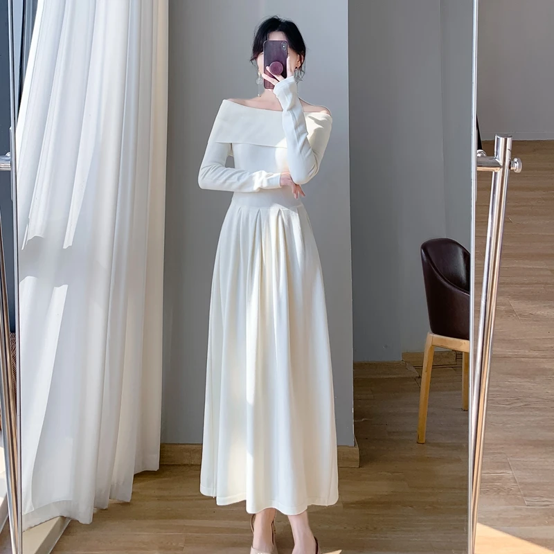 Real shot one shoulder knitted dress for women's autumn and winter temperament, slim fitting, waisted long skirt