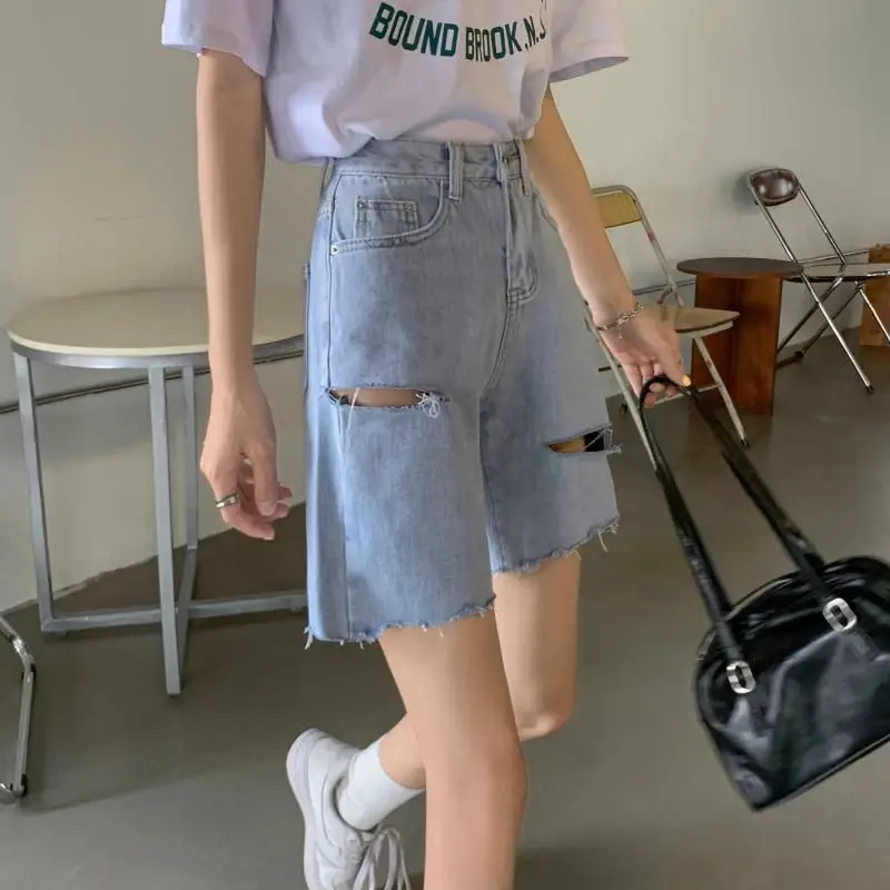 Summer Hollow Out Streetwear Harajuku Denim Shorts Ladies Vintage Casual Fashion Knee Length All-match Jeans Women's Trousers