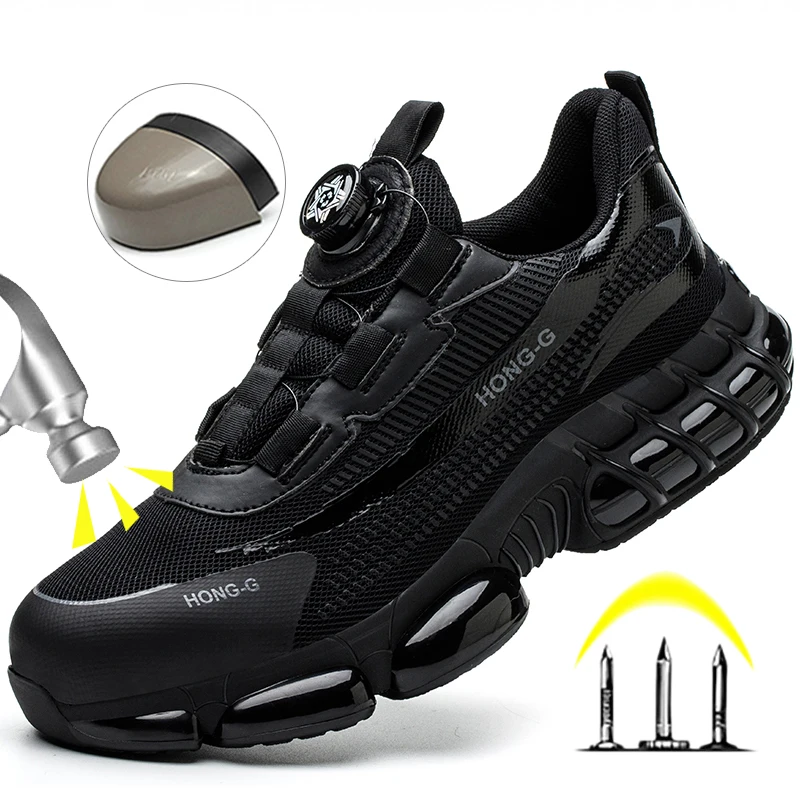 Zapatillas de trabajo con botón giratorio, botas de seguridad con punta de acero y cojín de aire, zapatos de trabajo antigolpes, zapatos de seguridad protectores indestructibles para hombres