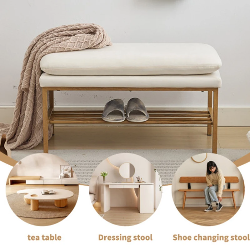 End of Bed Bench with Shelf, Linen Upholstered Storage Shoe Bench, Modern Bedroom Bench with Metal Legs(Beige)