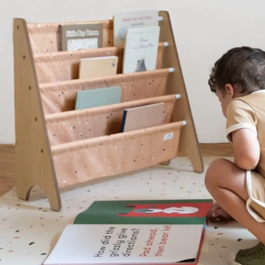 Recycled Fabric Bookshelf 4Tier Sling Book Rack Organizer for Nursery Room Playroom Classroom Wooden Book Shelves with KidFrien