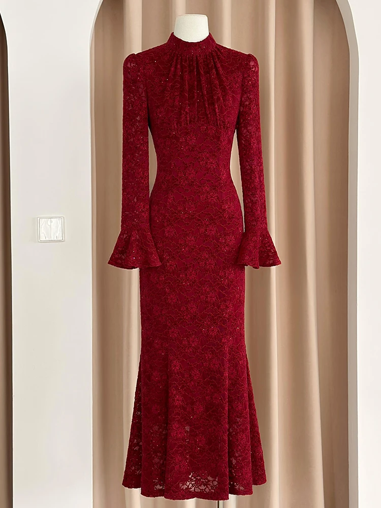 

Red Wedding Dr Embroidered Lace Long Sve Flag Robe New Chinese Sle Engagement Ceremony Dr Luxury Sensation Fi Tail