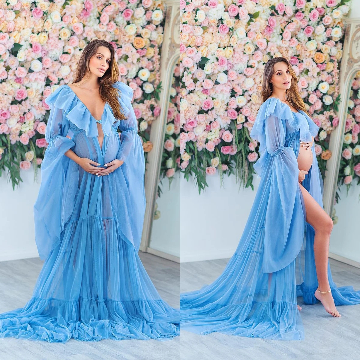 

Elegant Long Sleeves Prom Dresses for Photo Shoot or Baby Shower Custom Made V Neck Ruffle Photo Robe Photoshoot Gown