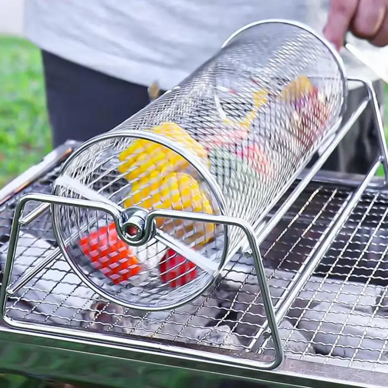 Camping Rolling Grill Basket With Stand Stainless Steel BBQ Grilling Basket Portable Smokings Cage Grill Net Camping Accessories