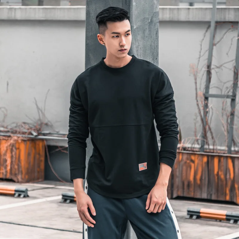 Mens Long Sleeved Cotton Round Neck Loose Casual Muscle Top Solid Color Training Running Elastic Sports T-shirt