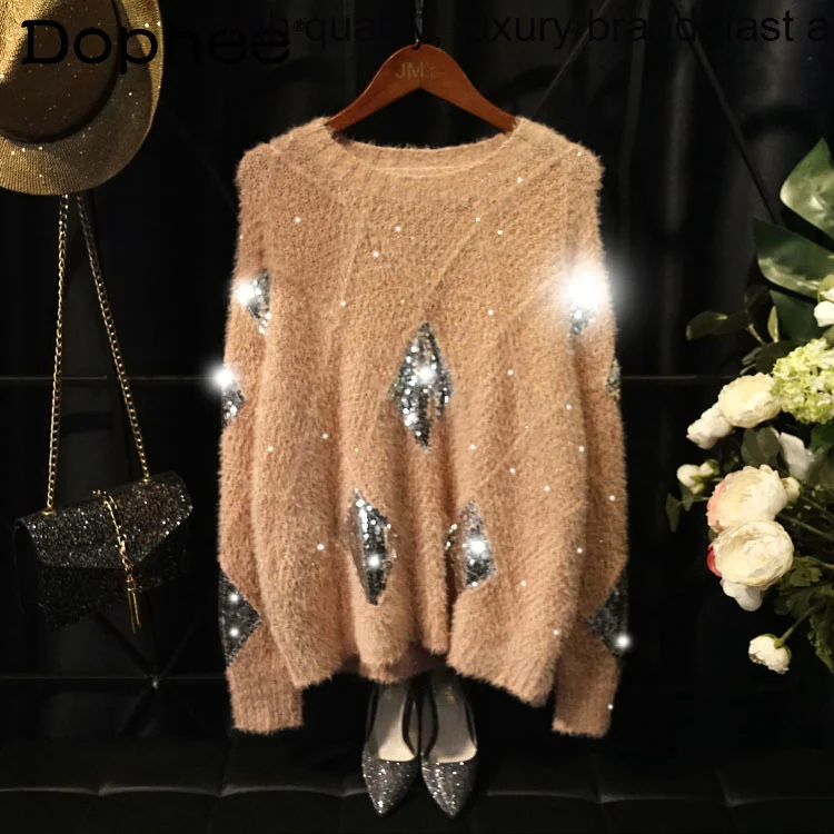 Mink Sequined Shiny Furry Knitted Women's Loose Slim Pink Plaid Top Girls Clubwear 2023 Spring Sweater Pullover