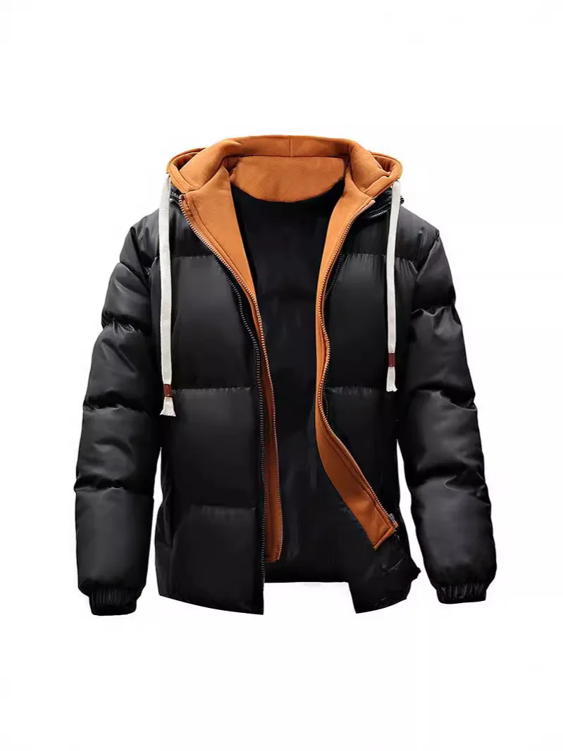 الرجال الشتاء وهمية قطعتين أسفل سترة رشاقته الدافئة التباين اللون رجل ملابس خارجية موضة طويلة الأكمام مقنعين الذكور ملابس خارجية