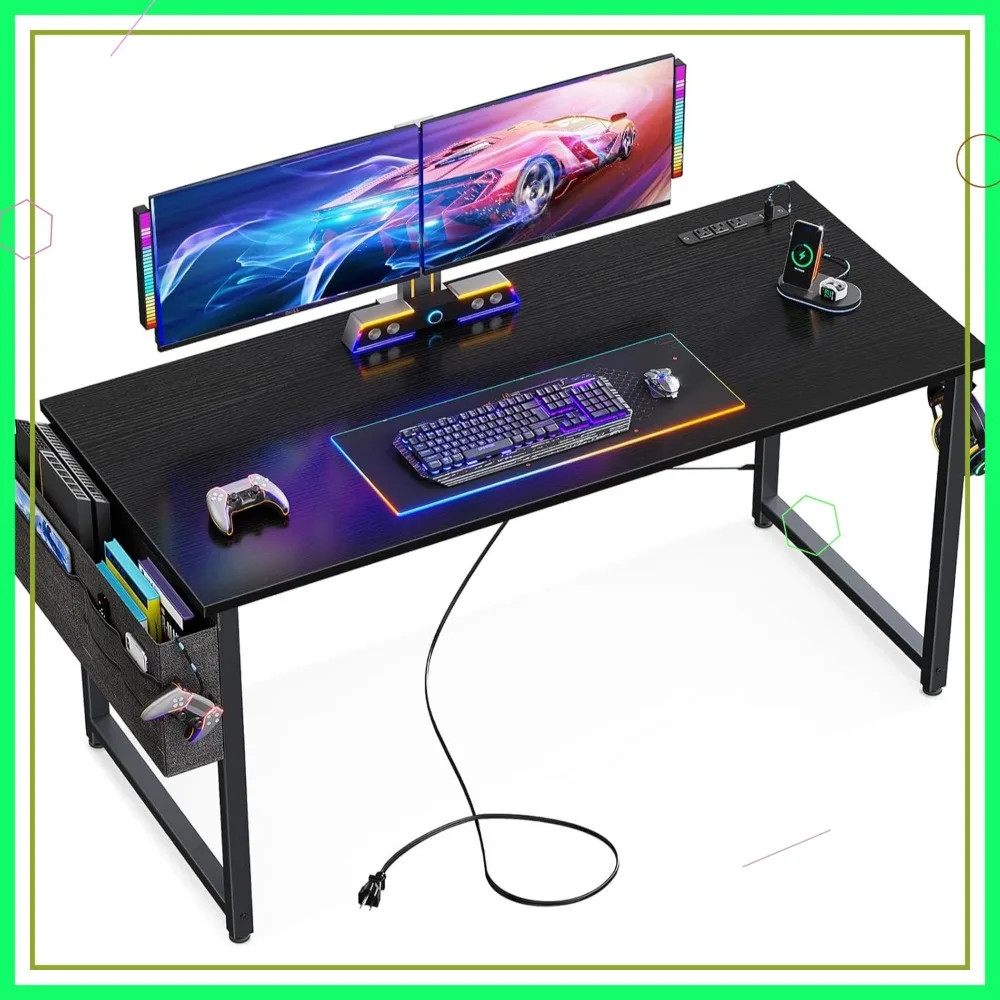 

48 Inch Small Desk with Power Outlets USB Port Modern Computer Desk for Home Office Gaming Writing Storage Bag