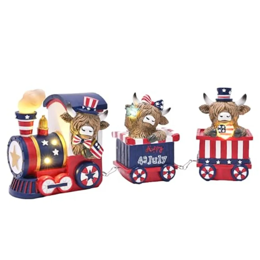 4th of July Highland Cow Train Decorations Lighted LED Memorial Day Decor for Home, High Mountain Yak Train Figurines Red White